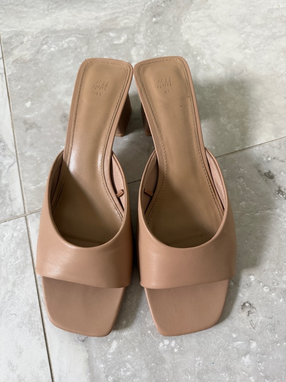 H&M Beige Square Toe Mid-Block Heel Mules